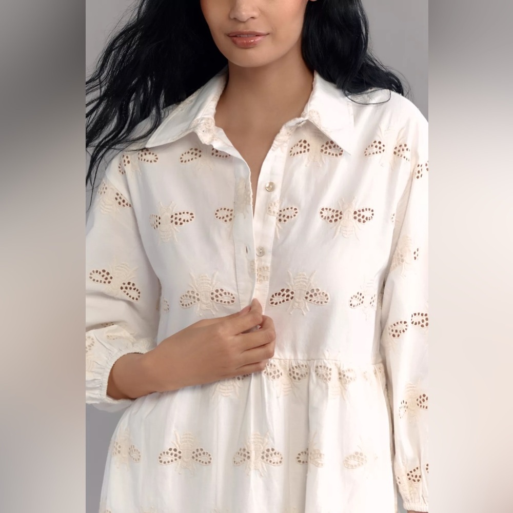NWT! Anthropologie Bettina Deco Bee Eyelet Tiered Mini Shirt Dress by Maeve 🍓3️⃣ - Picture 2 of 7